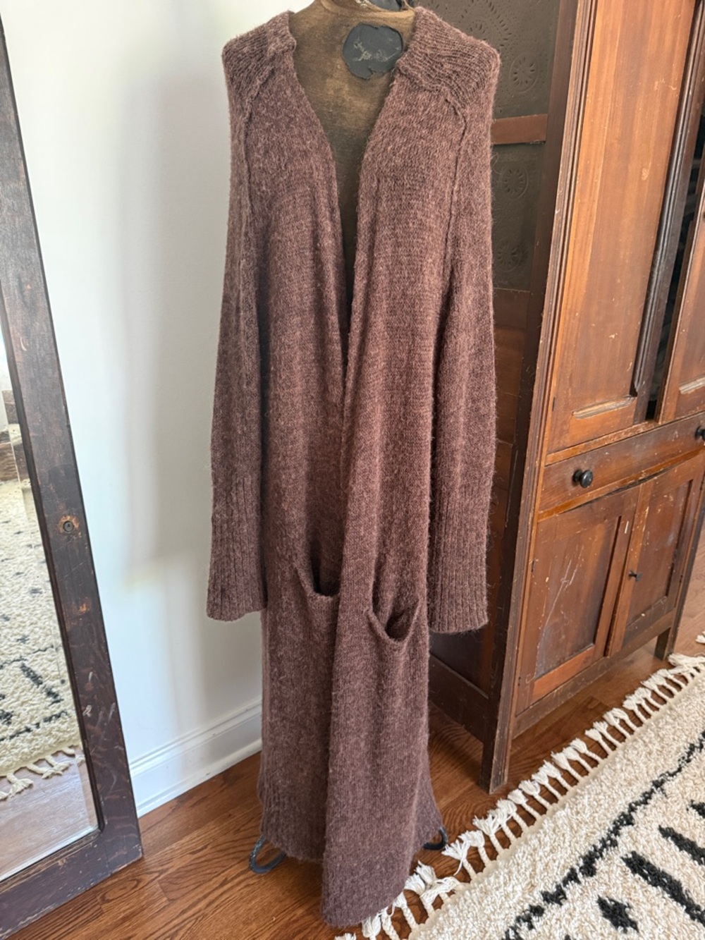 Free People Long Open-Front Cozy Cardigan in Chestnut Brown